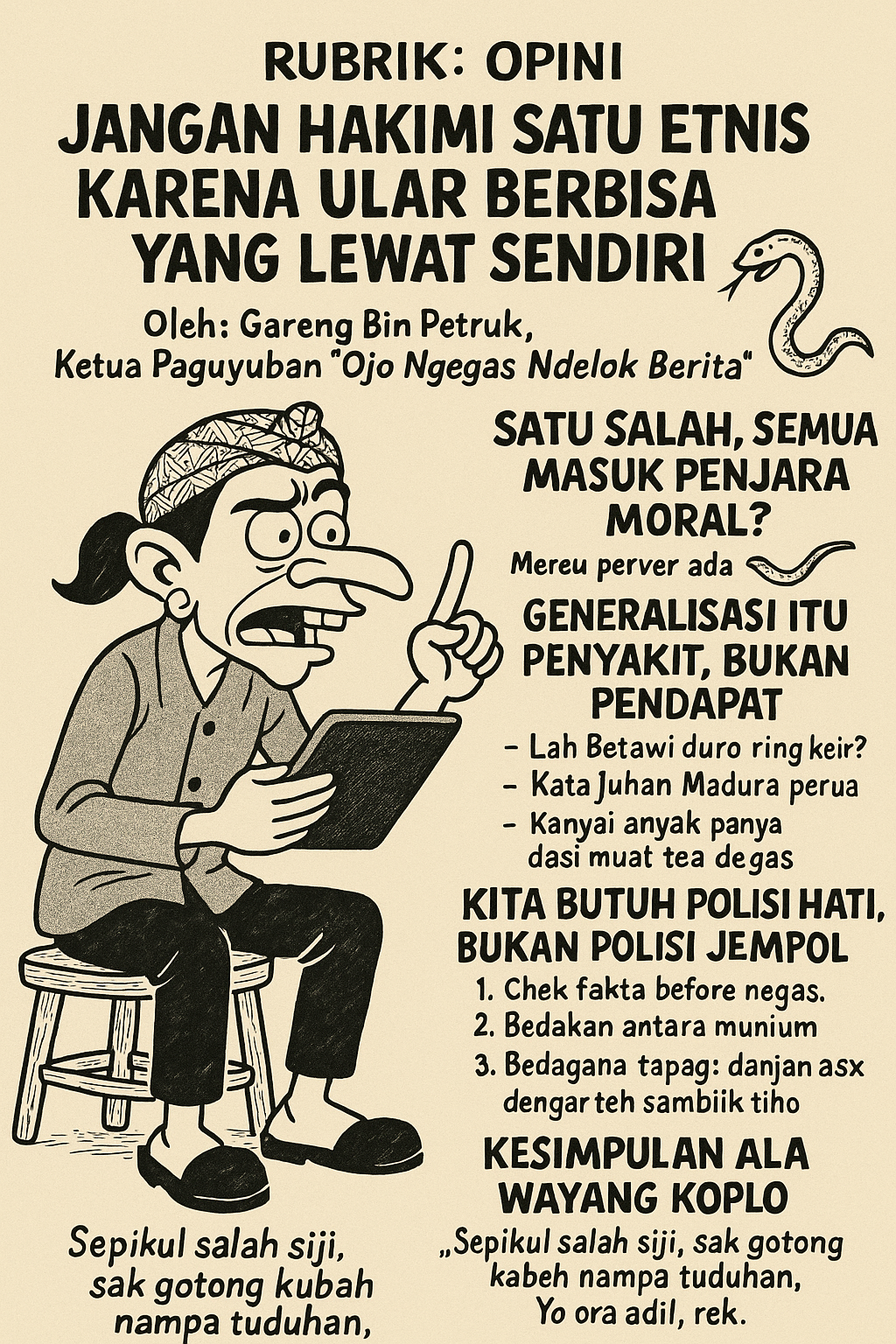 RUBRIK: OPINI JANGAN HAKIMI SATU ETNIS KARENA ULAR BERBISA YANG LEWAT SENDIRI