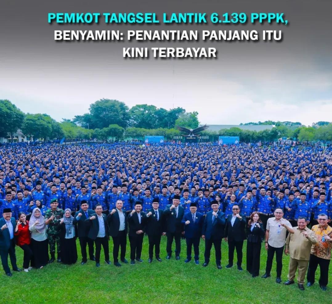 Walikota Tangerang Selatan dan 6139 pegawai PPPK berfoto bersama usai pelantikan dilapangan Arhanud